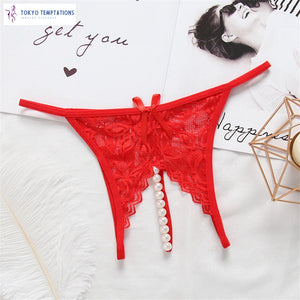 Sexy Lace Pearl G-String Mini Bikini Briefs Red