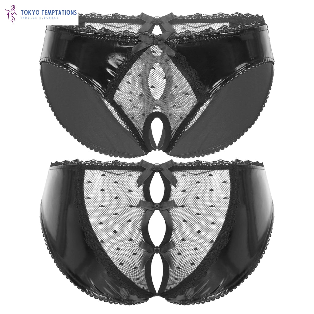 Lace Patchwork Sheer Briefs - Patent Leather Lingerie Black