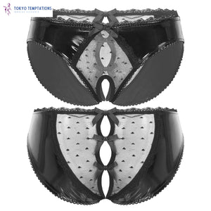 Lace Patchwork Sheer Briefs - Patent Leather Lingerie Black