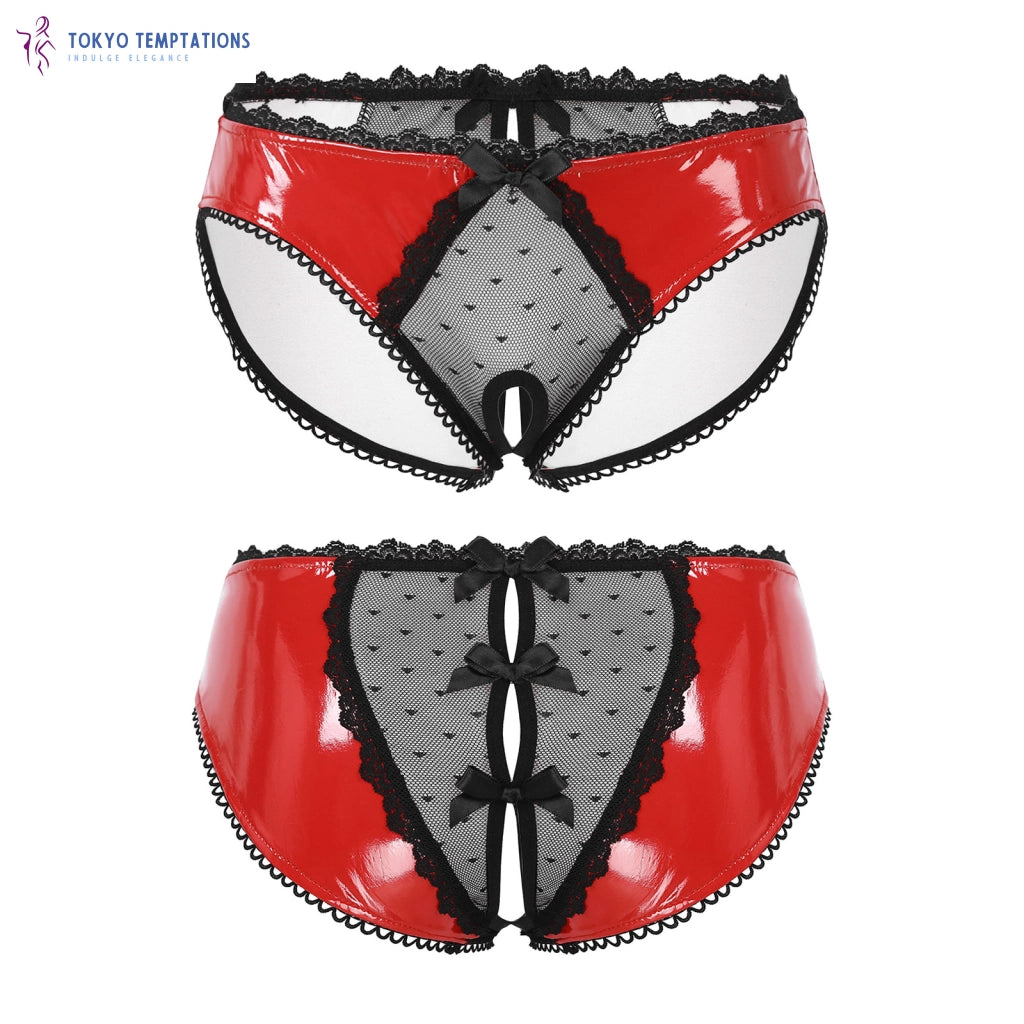 Lace Patchwork Sheer Briefs - Patent Leather Lingerie Red