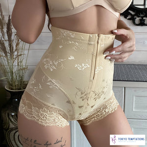 Sexy Lace High Waist Shaper Panties - Zipper Control Beige