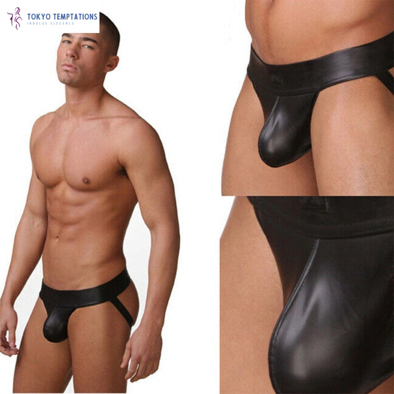 Men's Faux Leather Jockstrap Thong Sexy Lingerie Black