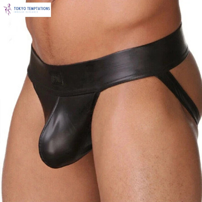 Men's Faux Leather Jockstrap Thong Sexy Lingerie Black