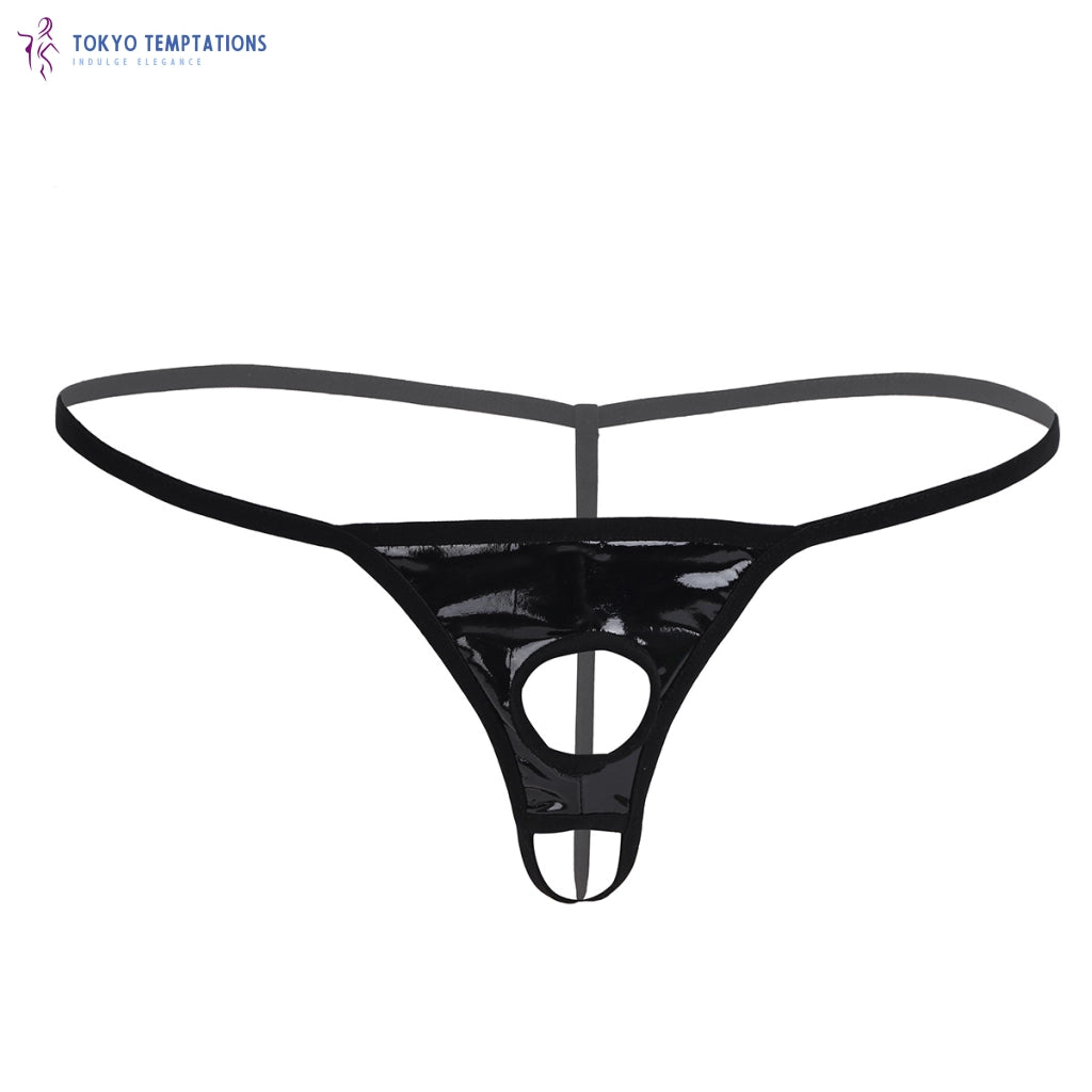 Luxury Patent Leather G-String with Penis Holes Black