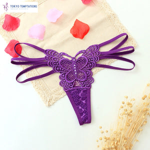 Sexy Butterfly Embroidered Lace Thong Underwear Purple