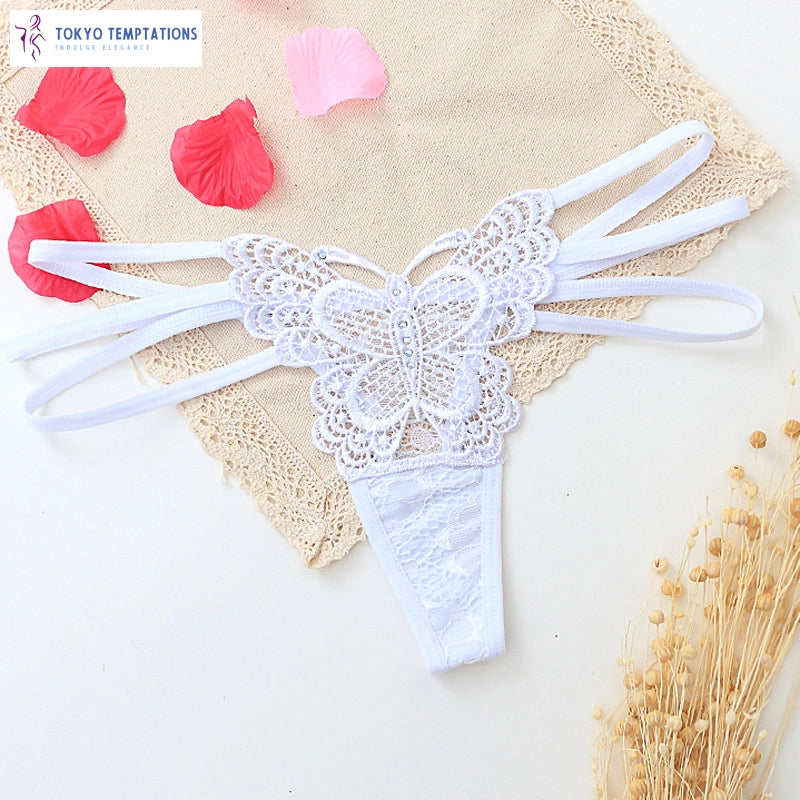 Sexy Butterfly Embroidered Lace Thong Underwear White