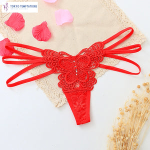 Sexy Butterfly Embroidered Lace Thong Underwear Red