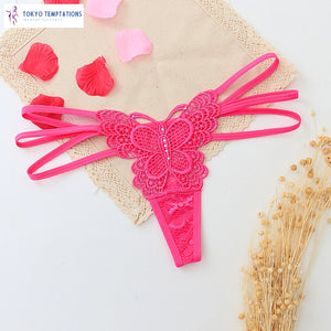 Sexy Butterfly Embroidered Lace Thong Underwear Pink