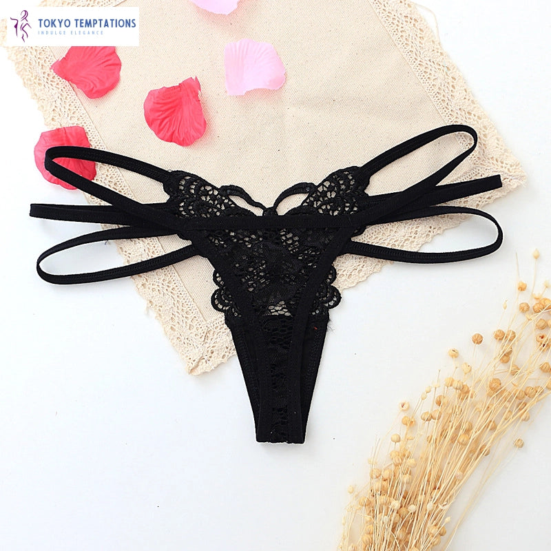 Sexy Butterfly Embroidered Lace Thong Underwear Black