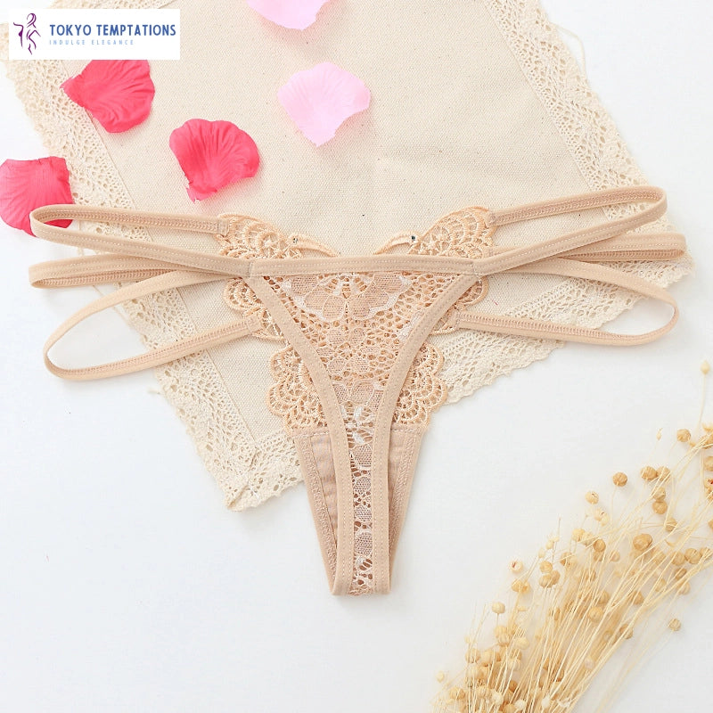 Sexy Butterfly Embroidered Lace Thong Underwear Beige