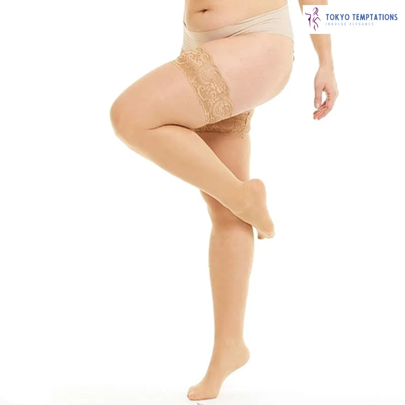 Lace Thigh High Stockings - Plus Size Beige